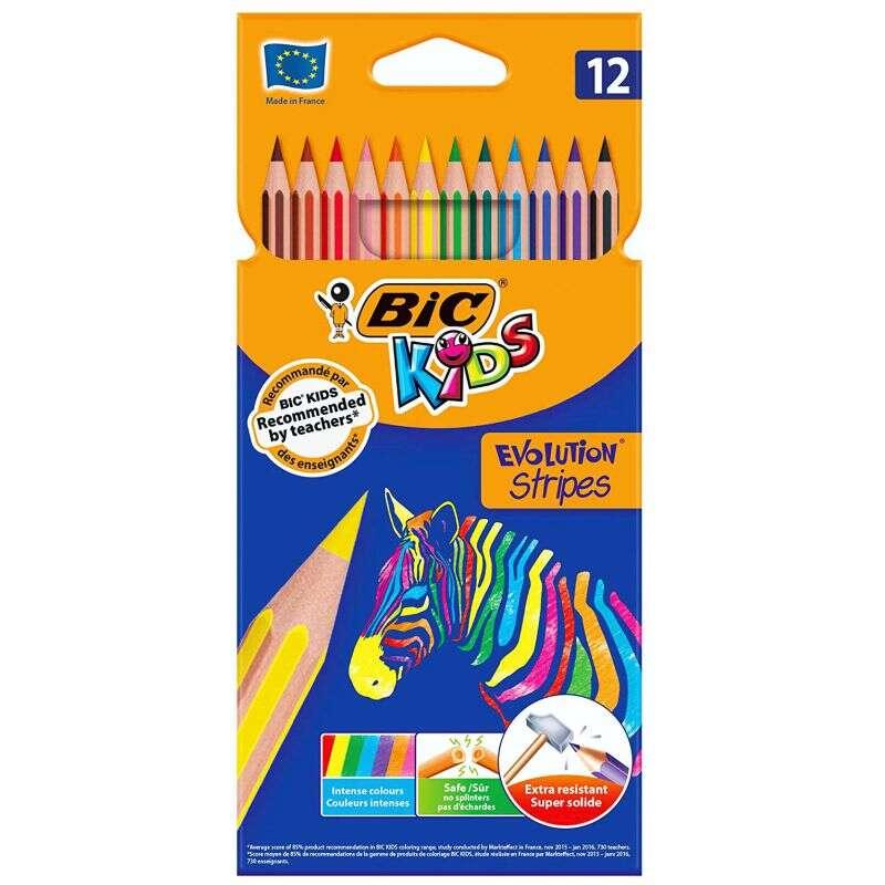 Bic Kids Evolution Stripes Scatola da 12 matite colorate supportate - Prodotto in resina - Punta ultra resistente - Mina pigmen
