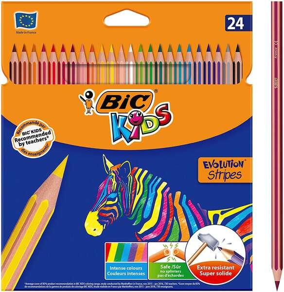 Bic Kids Evolution Stripes Scatola da 24 penchi di colori sovrapposti - Prodotto in resina - Ultra -king Punta - Mina pigmentat