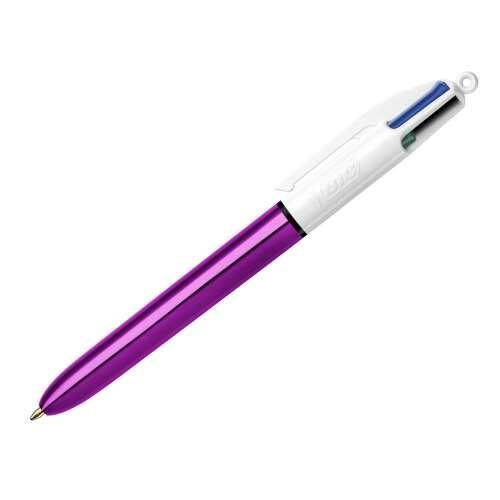 Penna a sfera BIC Shine Retrattile 4 colori - punta 1 mm - tratto 04 mm - inchiostro a base di olio - corpo viola metallico/bia