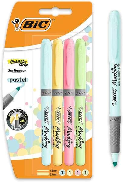 BIC Highlighter Grip Pastel evidenziatore 4 pz Punta smussata Blu Verde Rosa Giallo (Bic Grip Highlighter Pen Chisel Tip 1.5-3.