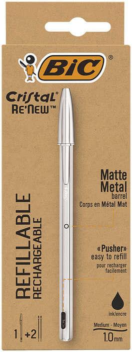 BIC Cristal Re'New Penna Ricaricabile Nera a Sfera Fusto in Metallo Punta 1mm Confezione 1 Penna 2 Ricariche (Bic Cristal ReNe
