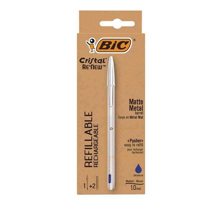 BIC Cristal Re'New Penna Ricaricabile Blu a Sfera Fusto in Metallo Punta 1mm Confezione 1 Penna 2 Ricariche (Bic Cristal ReNew