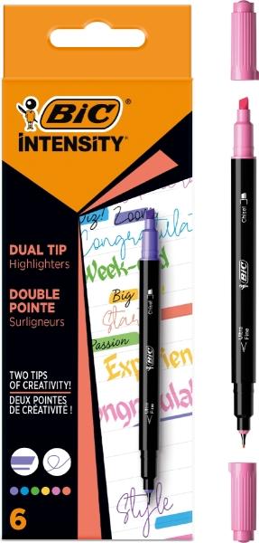 Bic Intensity Dual Tip Confezione da 6 Pennarelli a Punta Doppia - Tip a scalpello Punta Fine 0.04 mm - Inchiostro a Base Aqua