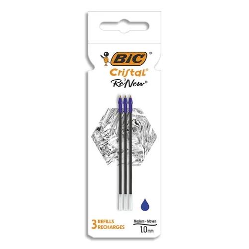Confezione da 3 Ricariche Bic per Penna a Sfera Cristal Renew - Punta Media da 10 mm - Inchiostro a Base di Olio - Colore Blu