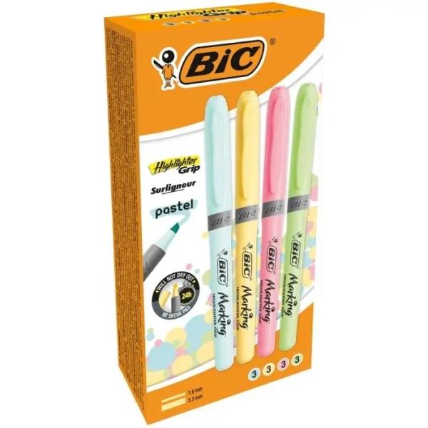 Bic Highlighter Grip Confezione da 12 pennarelli pastello fluorescenti - Punta cesellata - Linea tra 1.60 e 3.30 mm - Impugnatu
