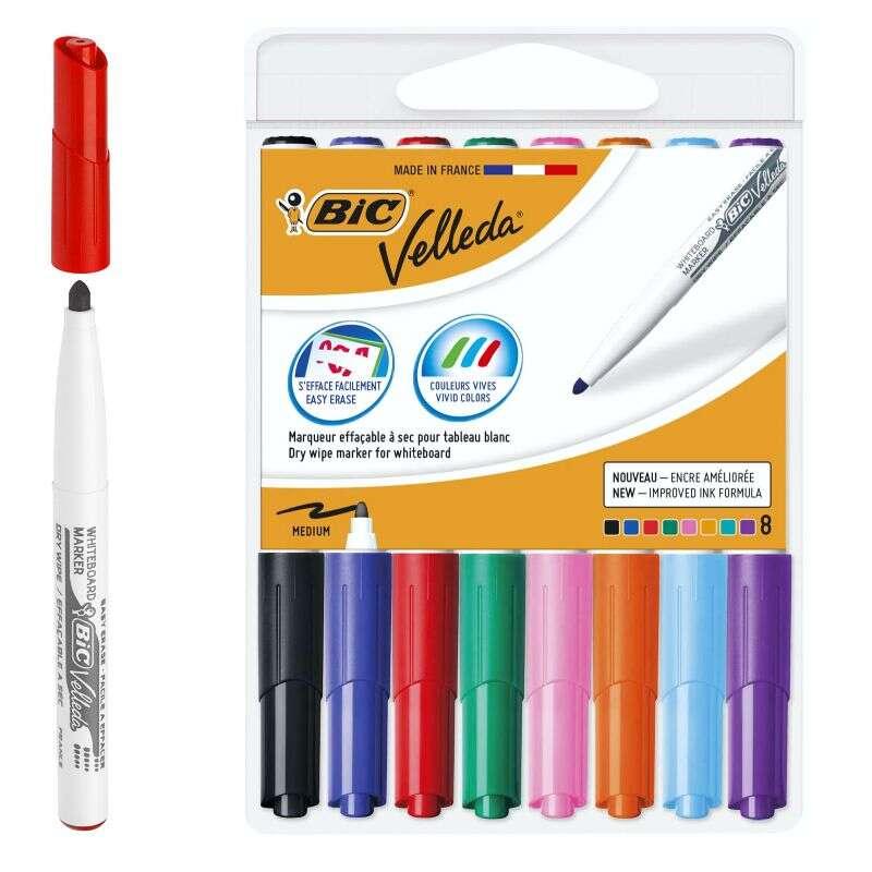 Velleda BIC 1741 Confezione da 8 pennarelli in ardesia - Punta centrale - Scate 14 mm - Elimina ottimale - Colori ordinati