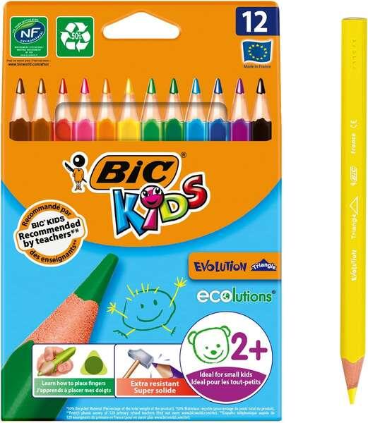 Bic Kids Evolution Triangle Confezione da 12 Triangolari Colorati Opachi - Punta Ultra Resistente - Senza Legno