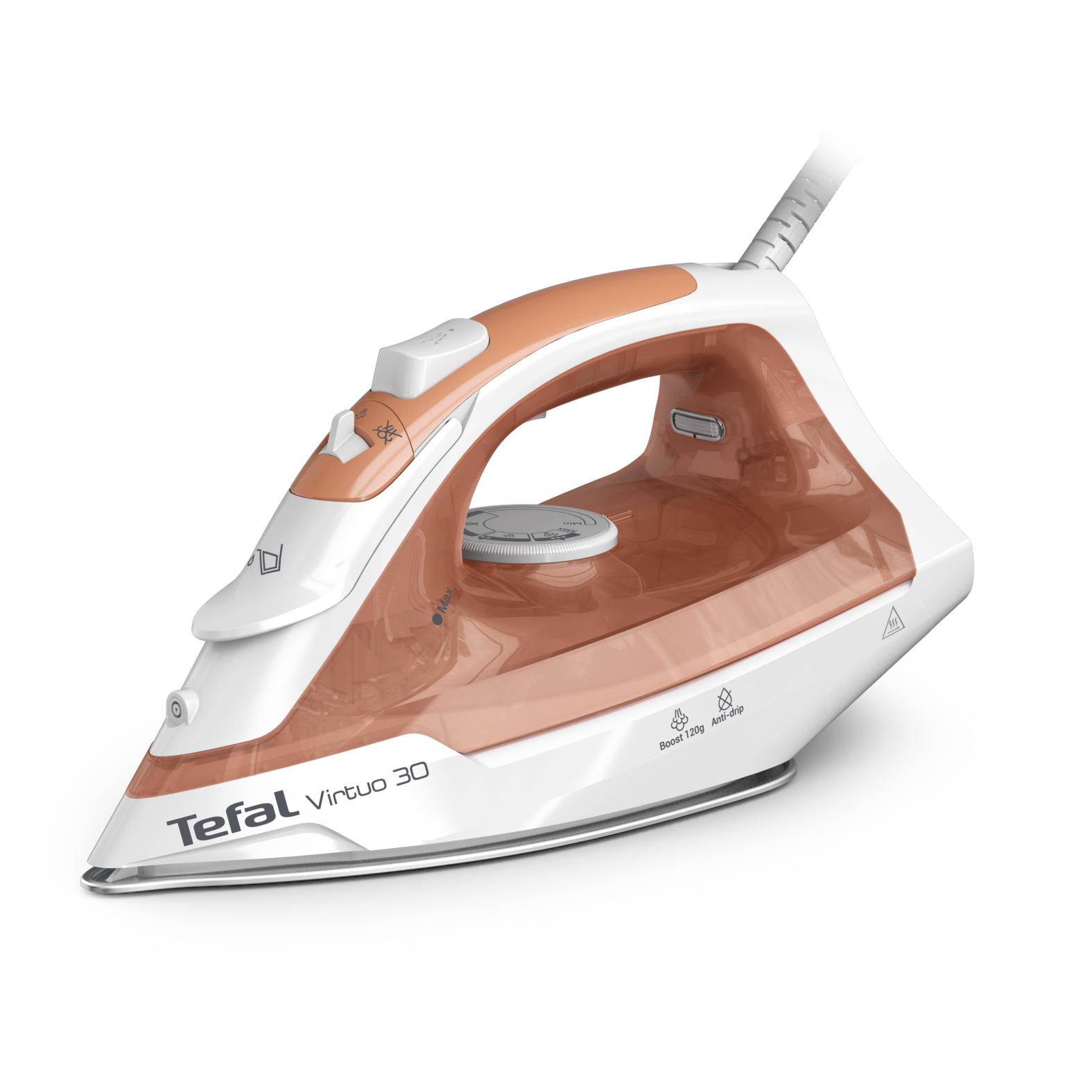 Tefal Virtuo 30 FV2C40E0 ferro da stiro Ferro da stiro a secco e a vapore Piastra in Ceramica 2000 W Pesca Bianco