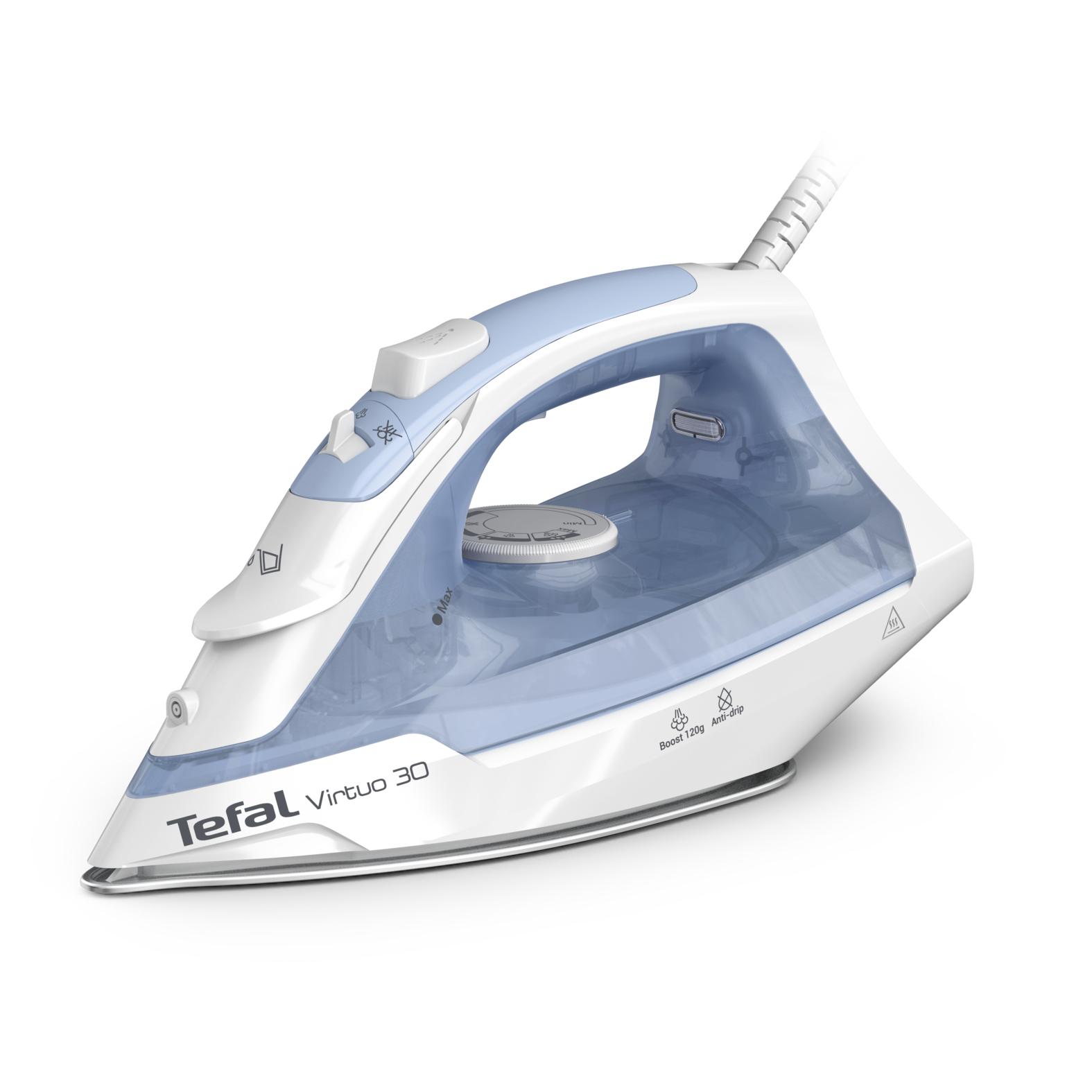 Tefal Virtuo 30 FV2C41E0 ferro da stiro Ferro da stiro a secco e a vapore Piastra in Ceramica 2000 W Blu, Bianco