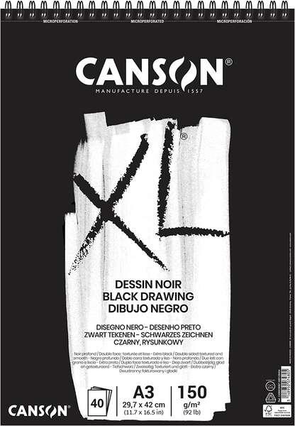 Canson XL Blocco Nero da 40 follie A3 - Grana Fine - Microforato Spirale - 297x42cm - 150g - colore nero