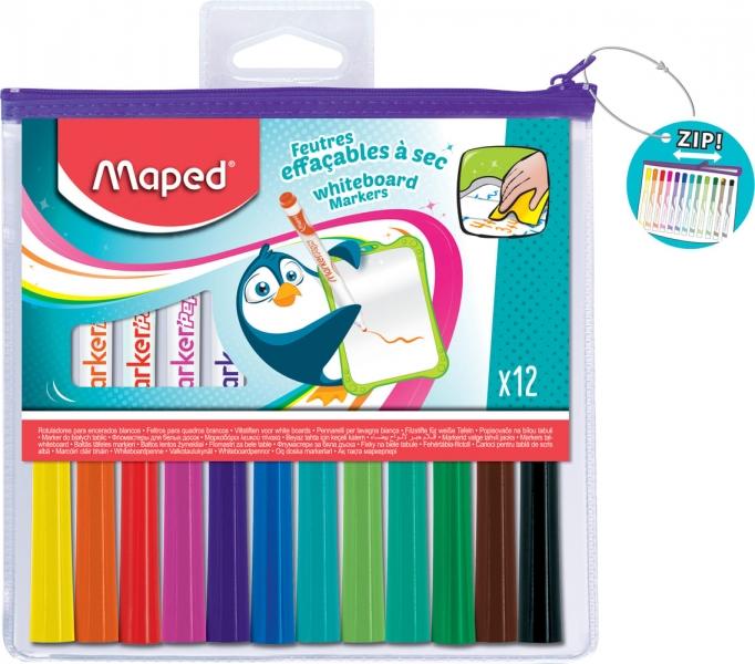 Maped Marker'Peps Confezione da 12 Pennarelli per Lavagna - Punta Proiettile da 1,5 mm - Cancellabili a Secco - Pratica Borsa c