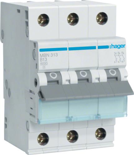 Hager MBN313. Corrente nominale: 13 A, Tensione della bobina: 500 V. Tipo: tipo B, quantità del modulo (max): 3 Modulo (E) (MB