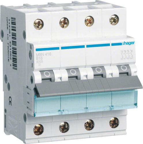 Hager Mbn416. Corrente nominale: 16 A. Tipo: tipo B, quantità del modulo (max): 4 Modulo (E). Larghezza: 70 mm, profondità: 7