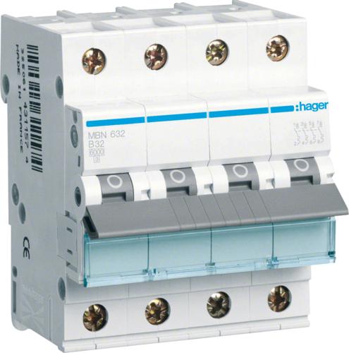 Hager MBN632. Corrente nominale: 32 A. Tipo: tipo B, quantità del modulo (max): 4 Modulo (E). Larghezza: 70 mm, profondità: 7