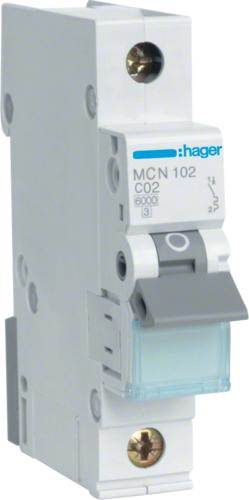 Hager MCN102. Corrente nominale: 2 A. Tipo: tipo C, quantità del modulo (max): 1 Modulo (E). Larghezza: 17,5 mm, profondità: