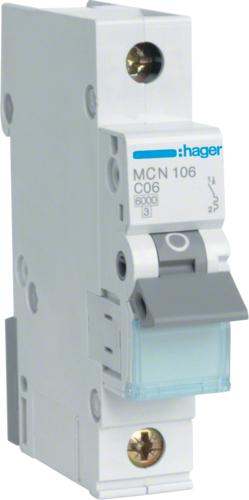 Hager MCN106. Numero di poli: 1p. Frequenza di input CA: 50/60 Hz, potenza nominale: 6 A. Larghezza: 17,5 mm, profondità: 70 m