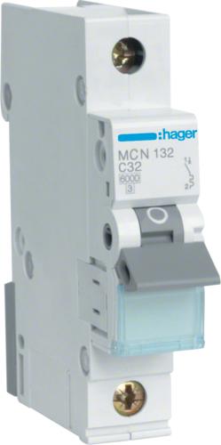 Hager MCN132. Numero di poli: 1p. Frequenza di input CA: 50/60 Hz, consegna di potenza nominale: 32 A. Larghezza: 17,5 mm, prof