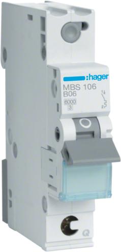 Hager MBS106. Corrente nominale: 6 A, AC Frequenza di ingresso: 50/60 Hz. Tipo: tipo B, quantità di moduli (max): 1 modulo (E)
