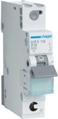 Hager MBS116. Corrente nominale: 16 A, AC Frequenza di ingresso: 50/60. Larghezza: 17,5 mm, profondità: 70 mm, altezza: 83,4 m