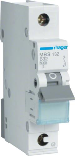 Hager MBS132. Corrente nominale: 32 A, AC Frequenza di ingresso: 50/60. Tipo: tipo B, quantità del modulo (max): 1 Modulo (E).