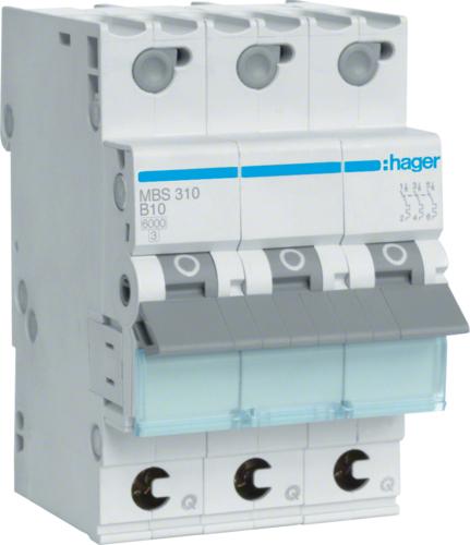 Hager MBS310. Corrente nominale: 10 A, AC Frequenza di ingresso: 50/60 Hz. Tipo: tipo B, quantità di moduli (max): 3 Modulo (E