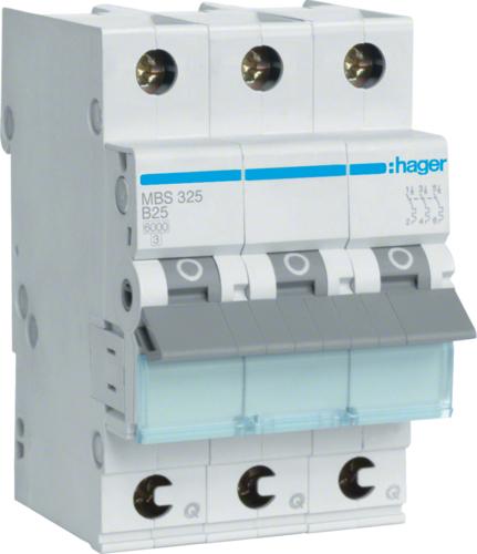 Hager MBS325. Corrente nominale: 25 A, AC Frequenza di ingresso: 50/60 Hz. Tipo: tipo B, quantità di moduli (max): 3 Modulo (E