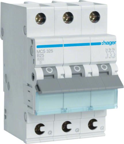 Hager MCS325. Corrente nominale: 25 A, AC Frequenza di ingresso: 50/60 Hz. Tipo: tipo C, quantità di moduli (max): 3 Modulo (E