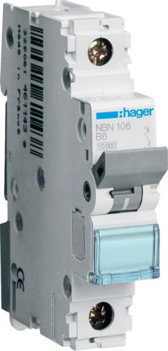 Hager NBN106. Numero di poli: 1p. Frequenza di input CA: 50/60 Hz, consegna di potenza nominale: 6 A. Larghezza: 17,5 mm, profo