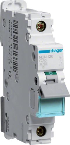 Hager NCN120. Corrente nominale: 20 A, Tensione della bobina: 500 V. Tipo: tipo C, quantità del modulo (max): 1 Modulo (E) (NC