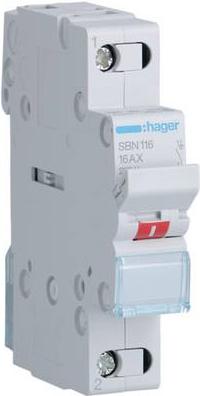 Hager SBN116. Corrente nominale: 16 A. Larghezza: 17,5 mm, profondità: 68 mm, altezza: 83 mm. Tensione di croofing (max): 440