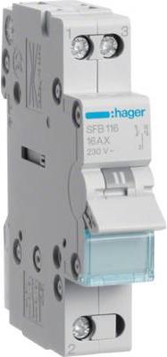 Hager SFB116. Frequenza di input CA: 50/60, consegna di potenza nominale: 16 A. Colore del prodotto: blu, grigio. Larghezza: 17