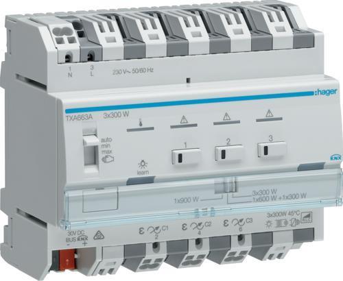 Hager TXA663A. Tipo di prodotto: rilascio di dimmer, tipo di fissaggio: montaggio della ferrovia DIN, numero di canali: 3 canal