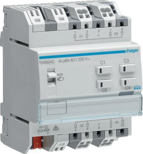 Hager TXA624C. Tipo di prodotto: rollo/cieco, tipo di fissaggio: montaggio della guida DIN, numero di canali: 4 canali. Tension