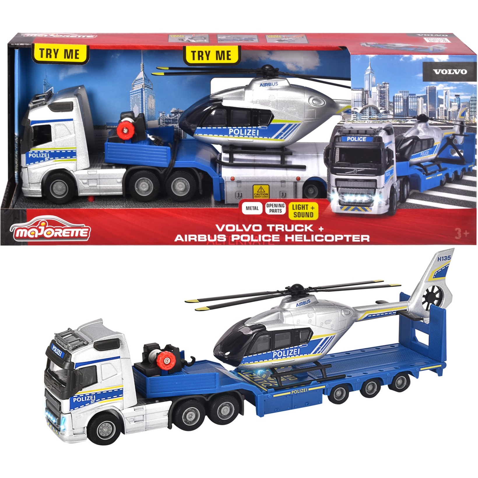 Camion FH-16 del trasportatore della polizia Volvo con rimorchio ed elicottero Airbus blu/argento