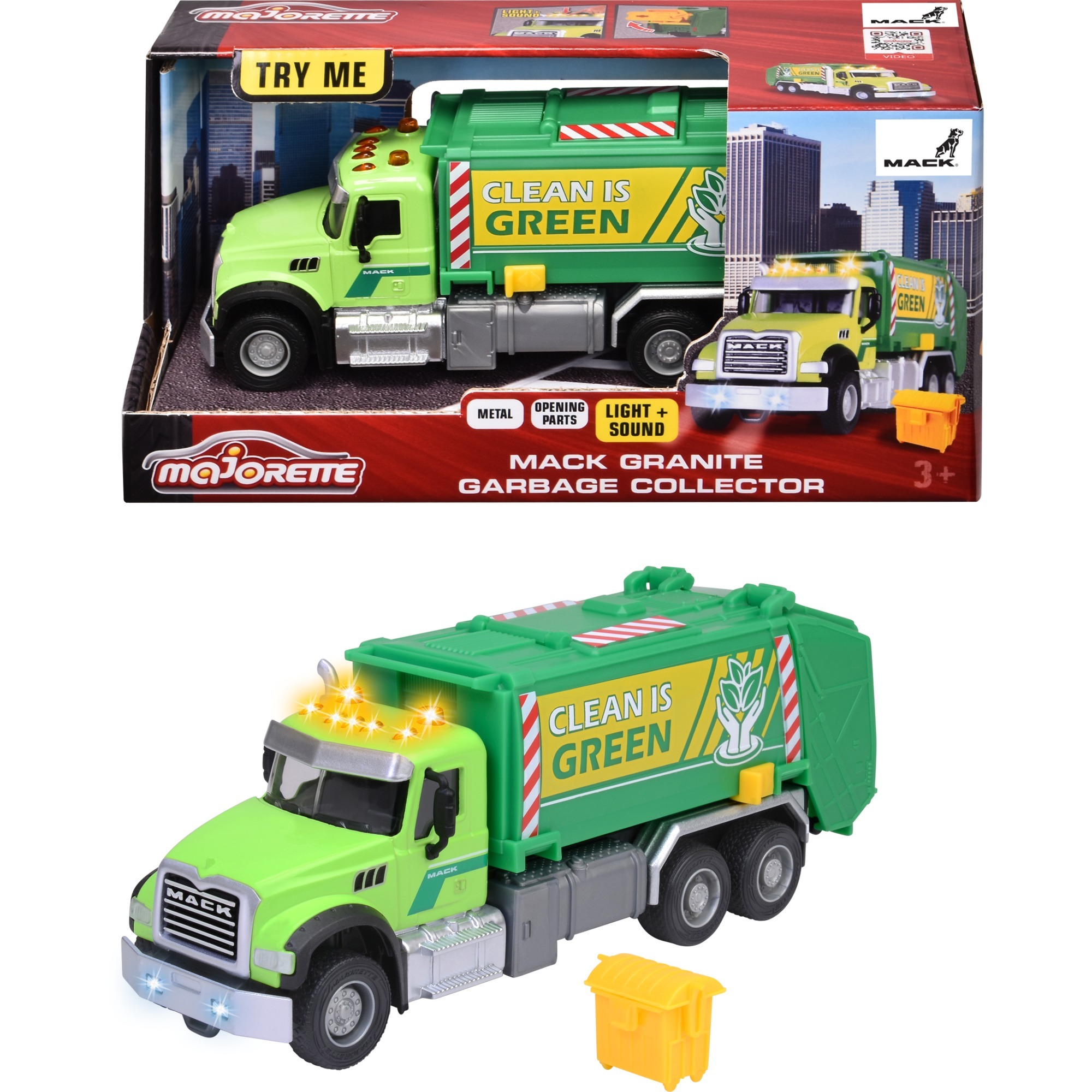 Veicolo da gioco con camion della spazzatura Mack Granite