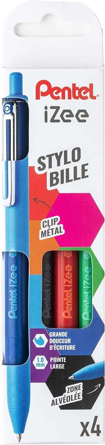 Pentel iZee Confezione da 4 penne a sfera retrattili - Punta da 07 mm - Corsa da 035 mm - Clip in metallo - Colori nero blu ros