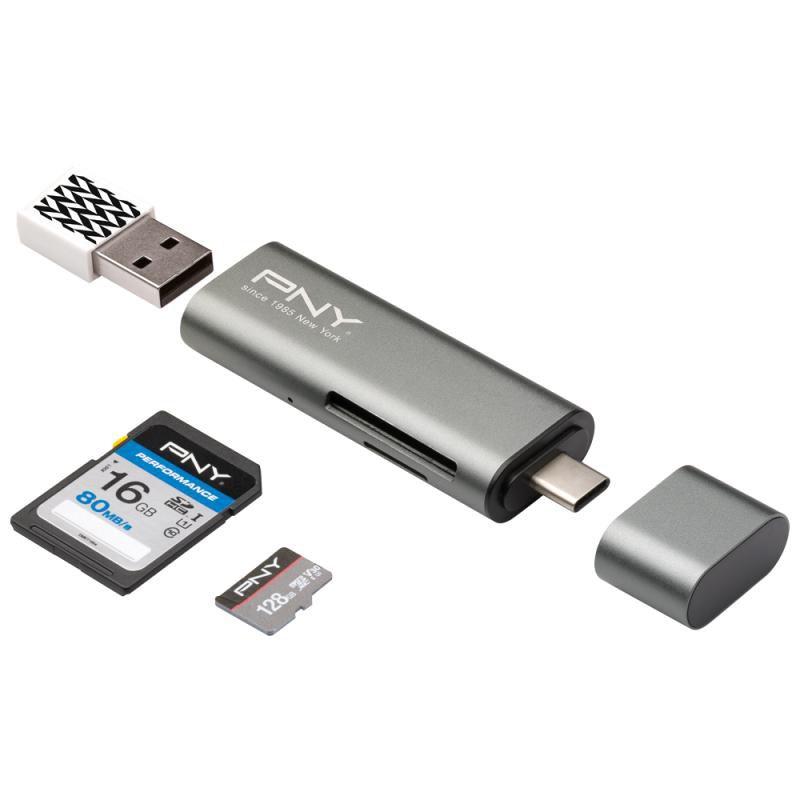 PNY R-TC-UA-3N1E01-RB lettore di schede USB 3.2 Gen 1 3.1 Gen 1 Type-C Metallico (PNY USB-C Card Reader / USB-A Adapter)