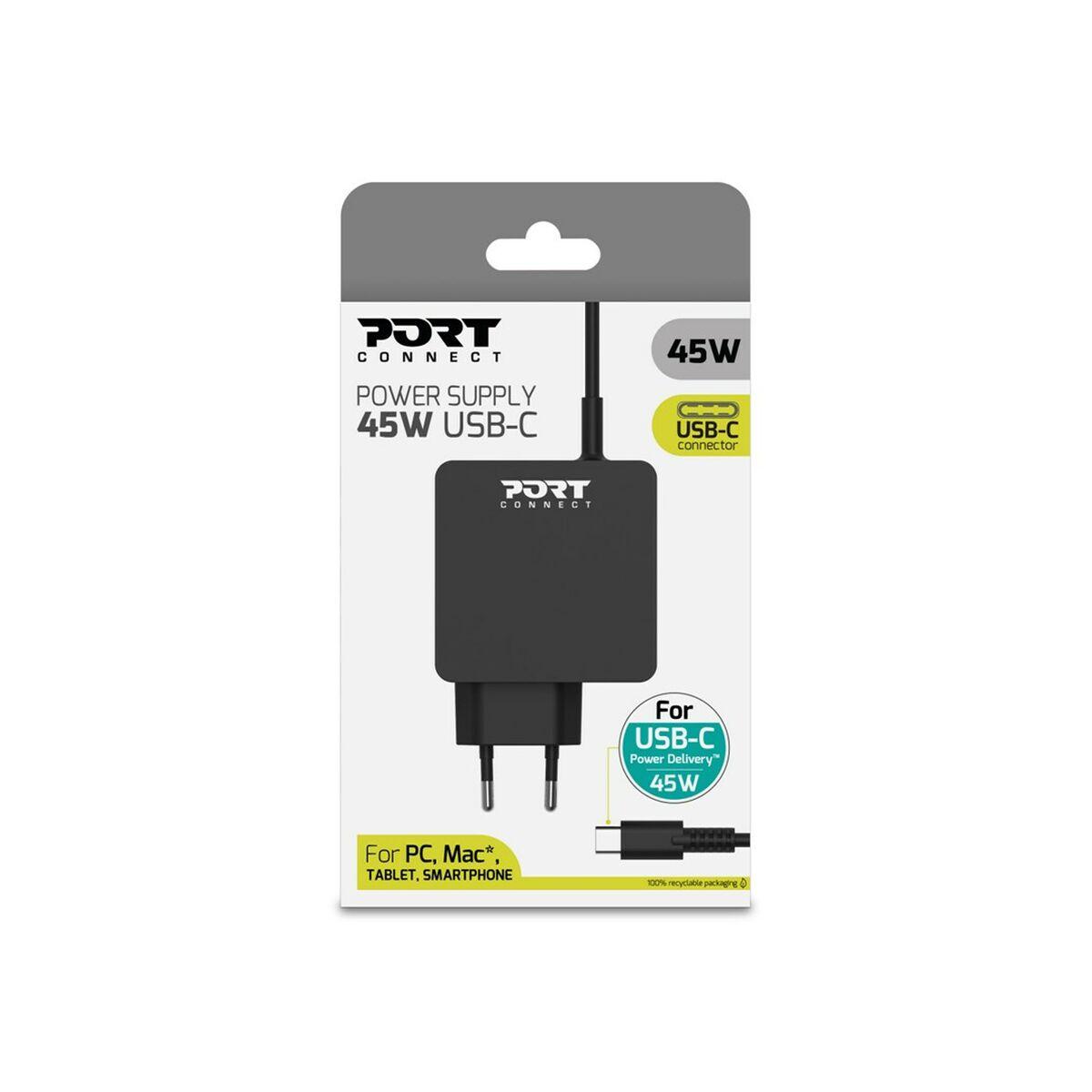 PORT DESIGNS TYPE C UNIVERSAL POWER ADAPTER 45W FOR MACBOOKS NOTEBOOKS TABLETS SMARTPHONES UP TO 45W TYPE C CONNECTOR