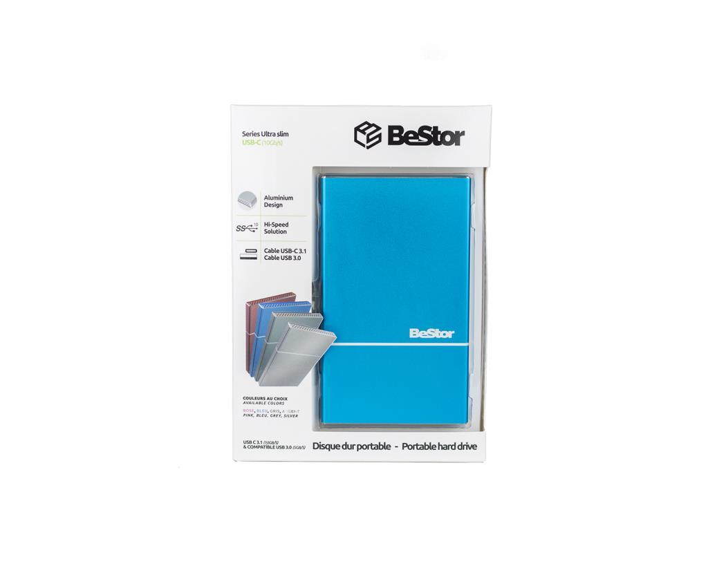 BeStor - HDD esterno USB-C - 2TB - Box colore blu - Mac e PC - Consegnato con cavo USBC-USBC / USBC-USB3.0