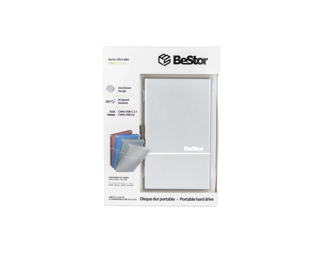 BeStor - HDD esterno USB-C 3.1 - 1TB SSD - Box colore argento - Mac e PC - Consegnato con cavo USBC-USBC / USBC-USB3.0