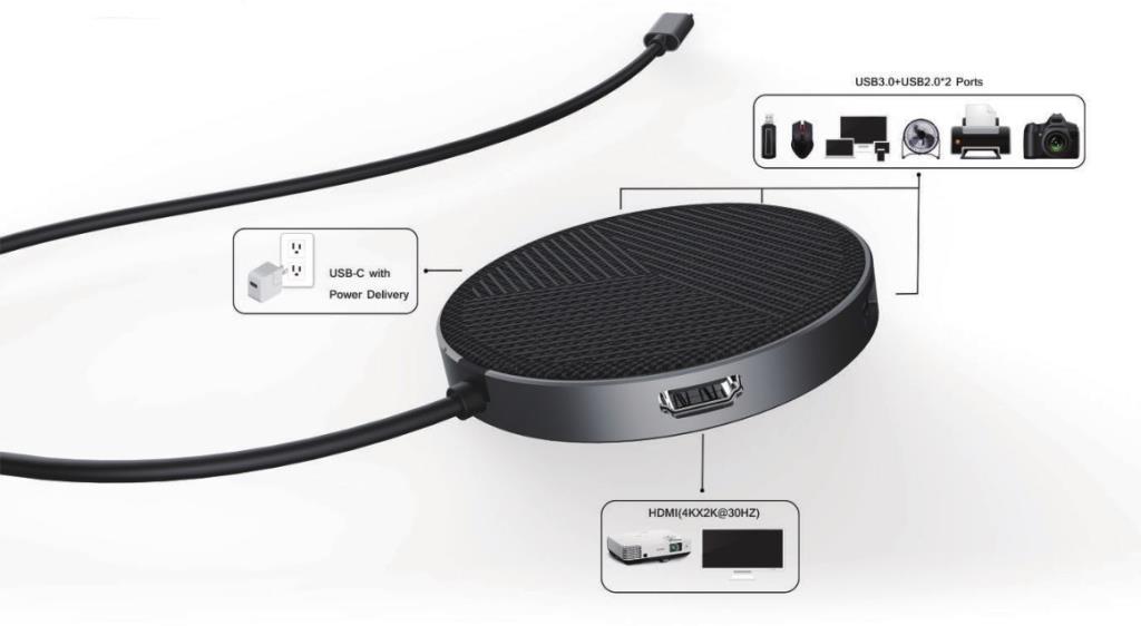 Hub USB type C a HDMI 4Kx2K@30Hz, 2 x USB2.0, 1 x USB3.0, 1 x port USB-C (Max 60W), Funzione caricatore senza fili - Grigio sid