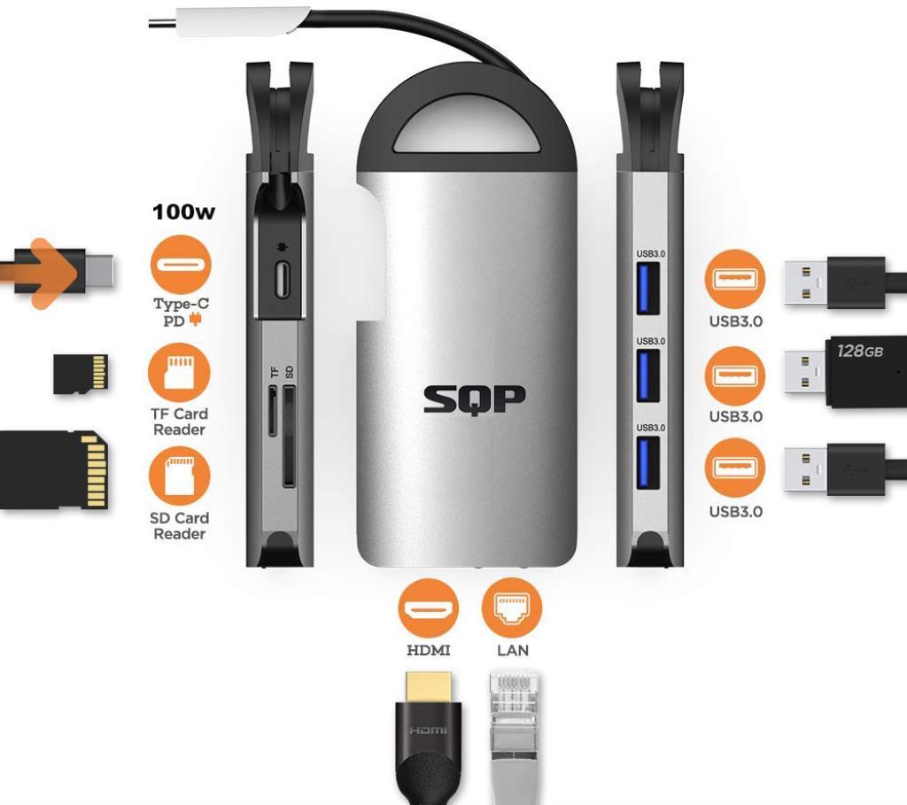 Hub (comp. M1) USB type C a HDMI 4KX2K@30HZ, 3 x USB3.0, Lettore SD/MicroSD, GigaEthernet, porta USBC di alimentazione (100W),