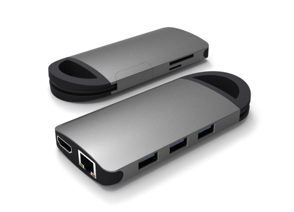 Hub (comp. M1) USB type C a HDMI 4KX2K@30HZ, 3 x USB3.0, Lettore SD/MicroSD, GigaEthernet, porta USBC di alimentazione (100W),