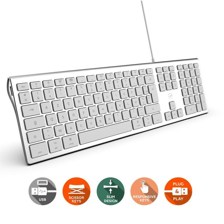 tastiera cablata USB DESIGN TOUCH con 2 porte USB, tastierino numerico - compatibile con MacOS - Layout FR (AZERTY)