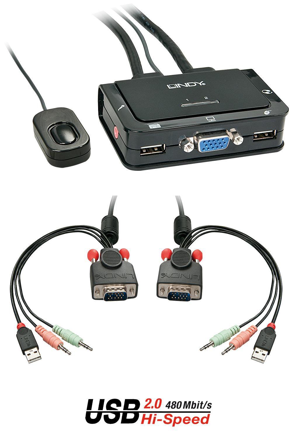 Lindy 42342 switch per keyboard-video-mouse [kvm] Nero (2 Port VGA, USB 2.0 & Audio - Cable KVM Switch - Warranty: 24M)