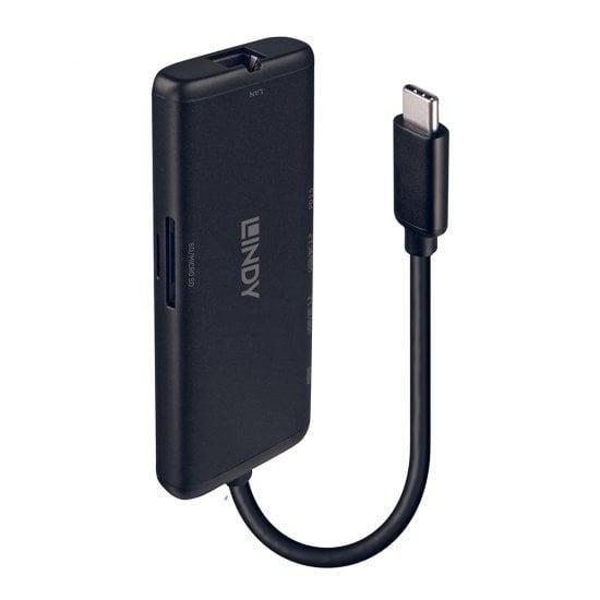 DOCKING STATION MINI LINDY per Laptop USB C con Supporto 4k Uscite2USB A1RJ451HDMI SD/MicroSD Ricarica Pass-Through 100W