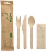 Papstar Posate set "Pure", realizzato in legno di betulla, set in 4 parti composto da forchetta, coltello, cucchiaio e tovaglio