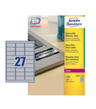 Etichette permanenti poliestere argento Avery 635x296 mm - 27 et/foglio - laser monocolore conf. 100 ff L6011-100