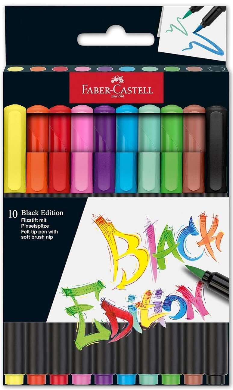 Faber-Castell Black Edition Confezione da 10 pennarelli con punta a pennello - Inchiostro a base di coloranti alimentari - Colo