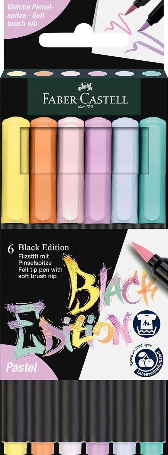 Faber-Castell Black Edition Confezione da 6 pennarelli con punta a pennello - Inchiostro a base di coloranti alimentari - Color